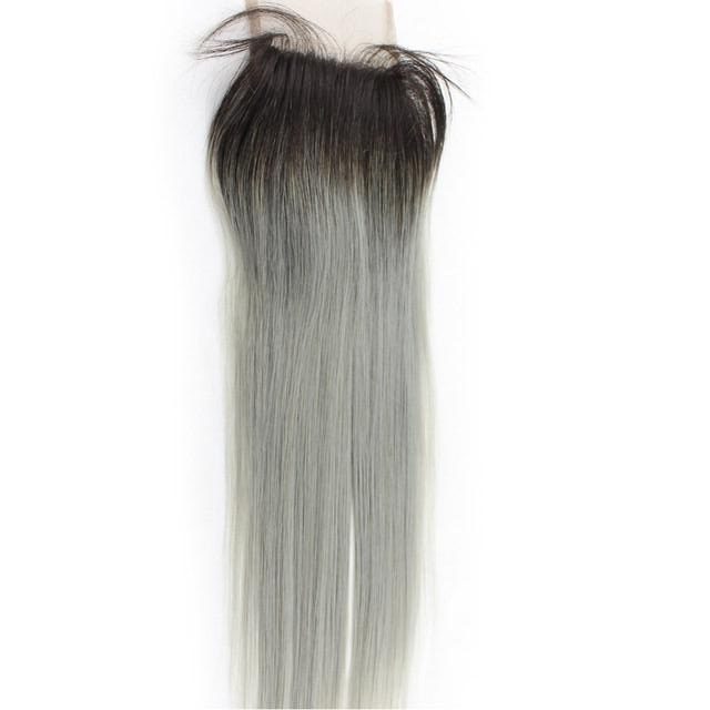 ChristyV High Quality Straight Lace Closure 1b Silver Ombre Gres 4x4 Free Part Lace Closure 100% Unprocessed Peruvians Human Hair Free Part Lace Closure Straight Lace Closure with Baby Hair 1b Silver Ombre Gres Color