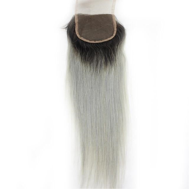 ChristyV High Quality Straight Lace Closure 1b Silver Ombre Gres 4x4 Free Part Lace Closure 100% Unprocessed Peruvians Human Hair Free Part Lace Closure Straight Lace Closure with Baby Hair 1b Silver Ombre Gres Color