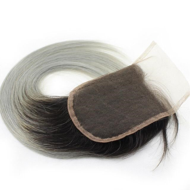 ChristyV High Quality Straight Lace Closure 1b Silver Ombre Gres 4x4 Free Part Lace Closure 100% Unprocessed Peruvians Human Hair Free Part Lace Closure Straight Lace Closure with Baby Hair 1b Silver Ombre Gres Color