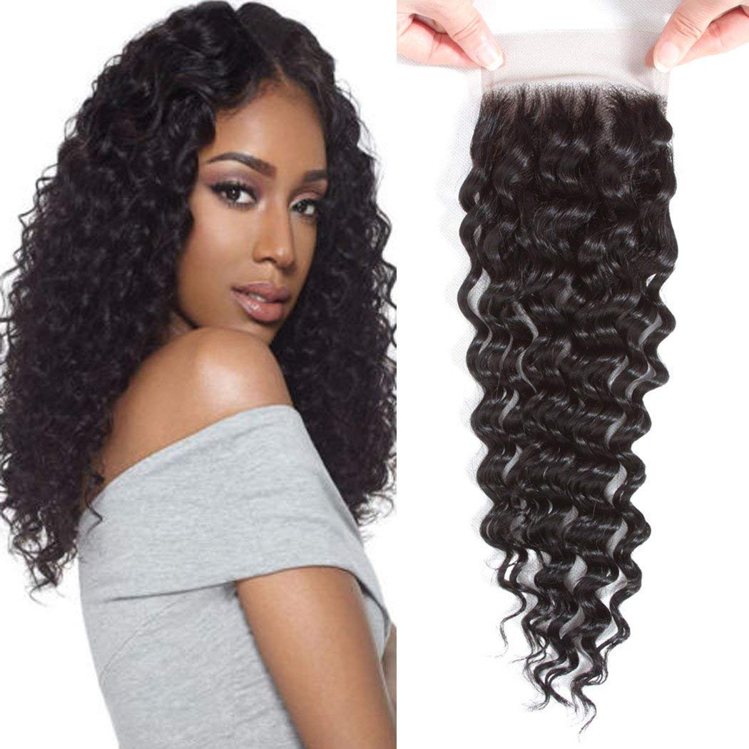 ChristyV High Quality Deep Wave Lace Closure 4x4 Free Part Lace Closure 100% Unprocessed Brazilian Human Hair Free Part Lace Closure Straight Lace Closure with Baby Hair Natural Black Color