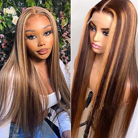 ChristyV High Quality 4/27 Ombre Brown Blonde Straight brazilian hair 13*4 Lace Frontal Wig For Women