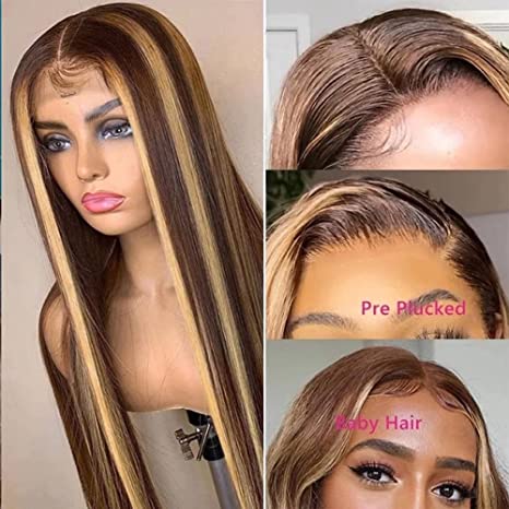 ChristyV High Quality 4/27 Ombre Brown Blonde Straight brazilian hair 13*4 Lace Frontal Wig For Women