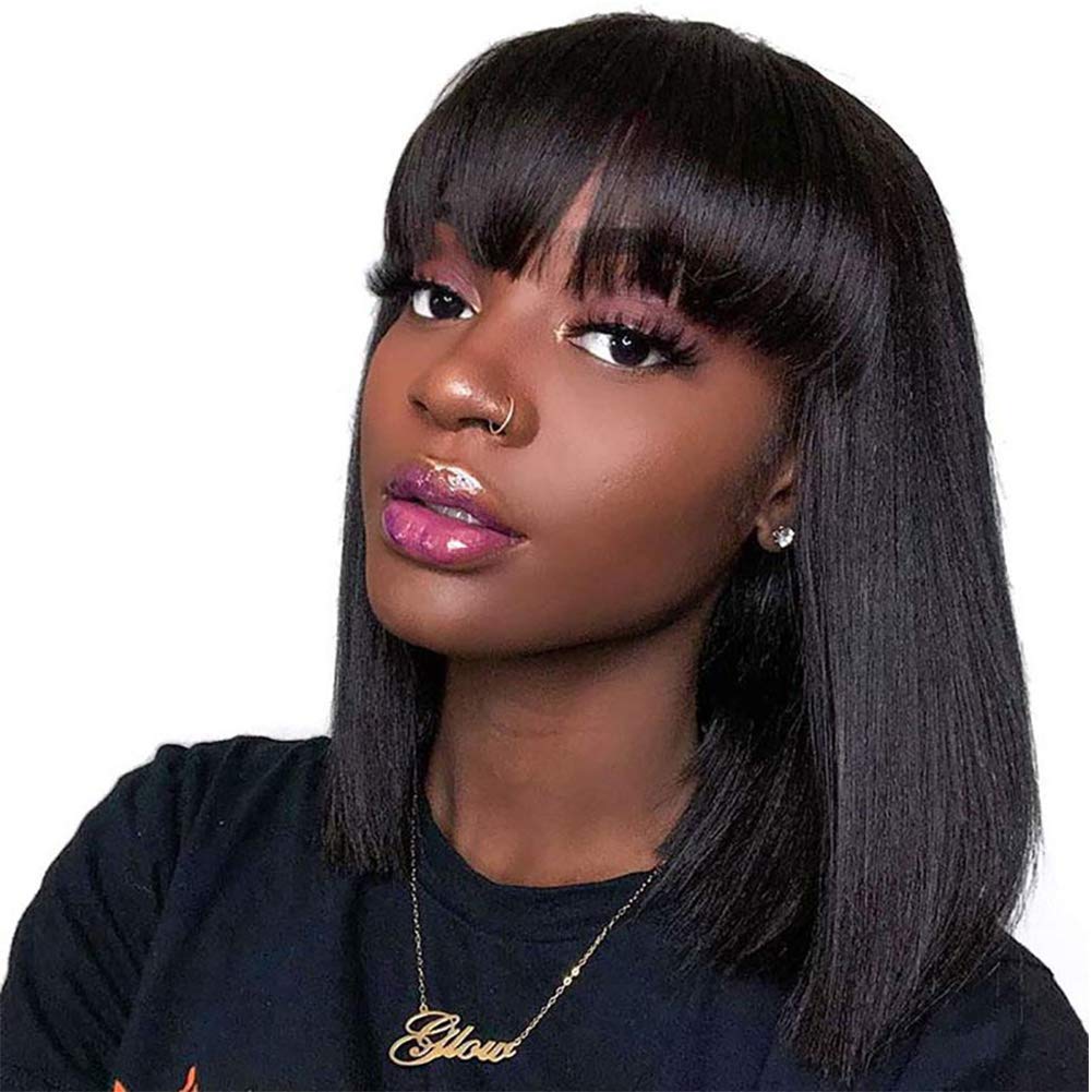 ChristyV High Quality fringe wig14 inch Short Bob Wigs Brazilian Straight Human Hair Wigs With Bangs 100% brazilian Human Hair Wigs 180% Density None Lace Front Wigs Glueless Machine Made Wigs For Women