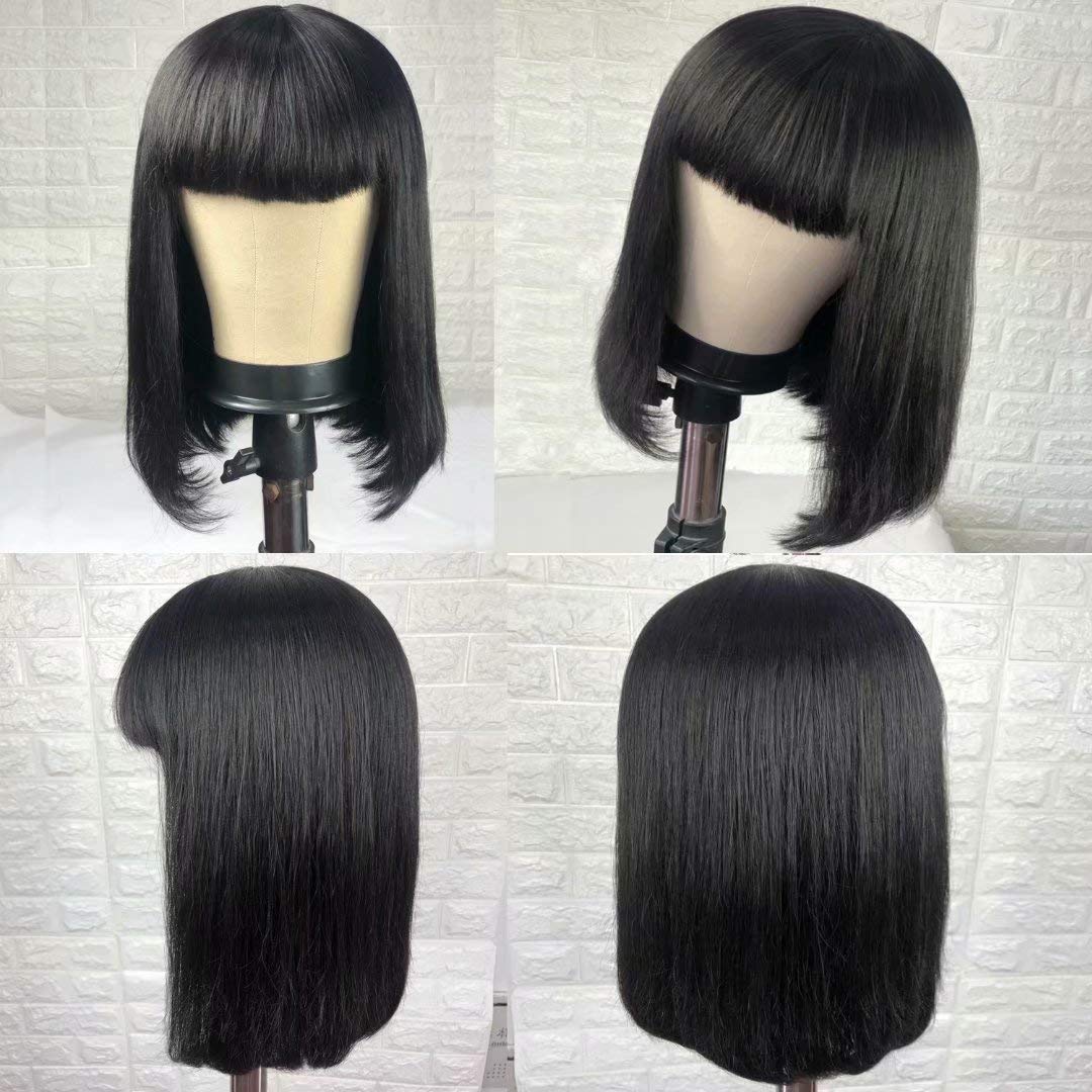 ChristyV High Quality fringe wig14 inch Short Bob Wigs Brazilian Straight Human Hair Wigs With Bangs 100% brazilian Human Hair Wigs 180% Density None Lace Front Wigs Glueless Machine Made Wigs For Women