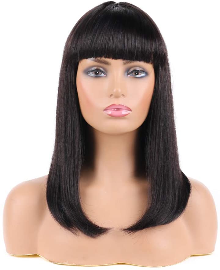 ChristyV High Quality fringe wig14 inch Short Bob Wigs Brazilian Straight Human Hair Wigs With Bangs 100% brazilian Human Hair Wigs 180% Density None Lace Front Wigs Glueless Machine Made Wigs For Women