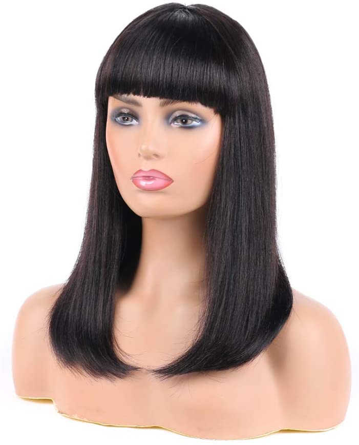 ChristyV High Quality fringe wig14 inch Short Bob Wigs Brazilian Straight Human Hair Wigs With Bangs 100% brazilian Human Hair Wigs 180% Density None Lace Front Wigs Glueless Machine Made Wigs For Women