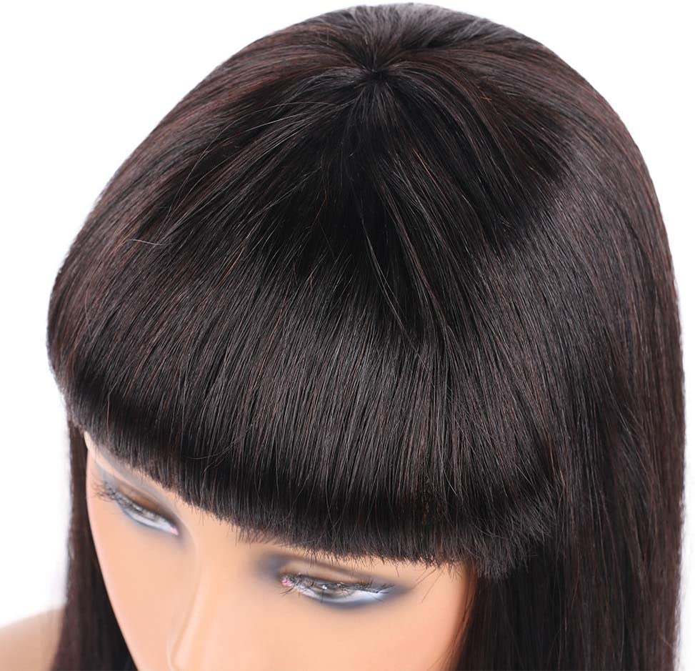 ChristyV High Quality fringe wig14 inch Short Bob Wigs Brazilian Straight Human Hair Wigs With Bangs 100% brazilian Human Hair Wigs 180% Density None Lace Front Wigs Glueless Machine Made Wigs For Women