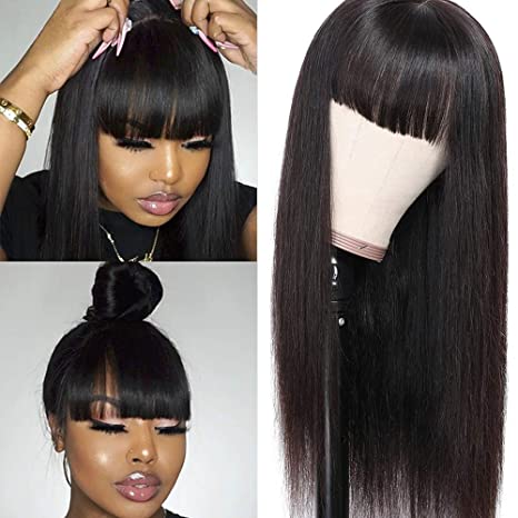 ChristyV High Quality fringe wig 20 inch Short Bob Wigs Brazilian Straight Human Hair Wigs With Bangs 100% brazilian Human Hair Wigs 180% Density None Lace Front Wigs Glueless Machine Made Wigs For Women