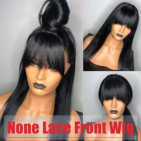 ChristyV High Quality fringe wig 20 inch Short Bob Wigs Brazilian Straight Human Hair Wigs With Bangs 100% brazilian Human Hair Wigs 180% Density None Lace Front Wigs Glueless Machine Made Wigs For Women