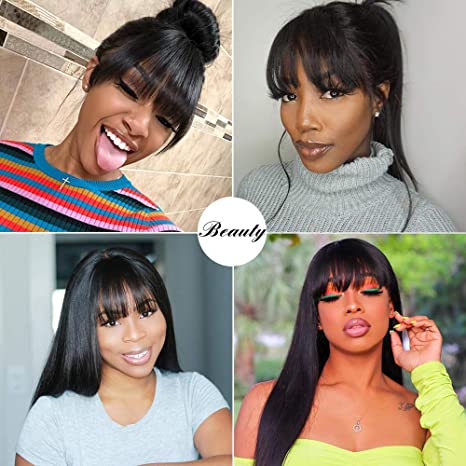 ChristyV High Quality fringe wig 20 inch Short Bob Wigs Brazilian Straight Human Hair Wigs With Bangs 100% brazilian Human Hair Wigs 180% Density None Lace Front Wigs Glueless Machine Made Wigs For Women