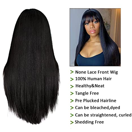 ChristyV High Quality fringe wig 20 inch Short Bob Wigs Brazilian Straight Human Hair Wigs With Bangs 100% brazilian Human Hair Wigs 180% Density None Lace Front Wigs Glueless Machine Made Wigs For Women