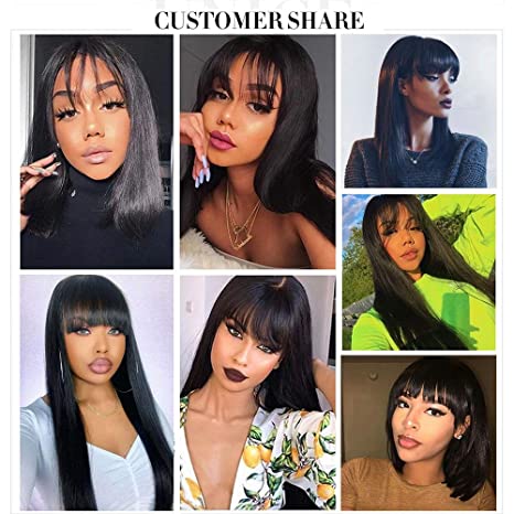 ChristyV High Quality fringe wig 20 inch Short Bob Wigs Brazilian Straight Human Hair Wigs With Bangs 100% brazilian Human Hair Wigs 180% Density None Lace Front Wigs Glueless Machine Made Wigs For Women